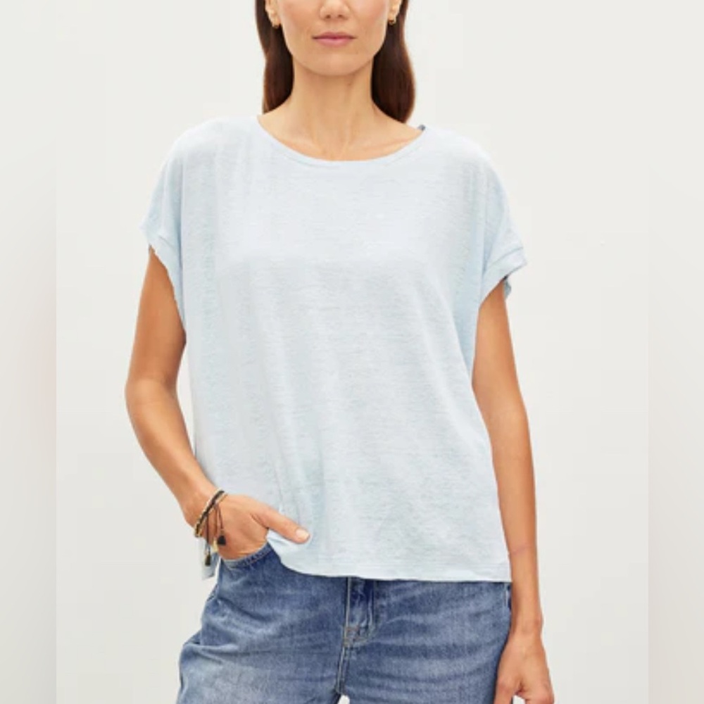 TAHARI Linen Relaxed Fit Minimalist Lightweight Blue Women's Summer Top Size L
